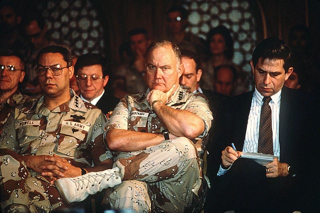 Gen. Colin Powell, chairman, Joint Chiefs of Staff, and Gen. Norman Schwarzkopf, Jr., commander-in-chief, U.S. Central Command, during Operation Desert Storm in 1991