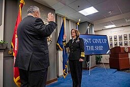Secretary of the Navy Carlos Del Toro swears in Adm. Lisa Franchetti as the 33rd chief of naval operations in the Pentagon, Nov. 2. Franchetti became the first woman service chief and member of the Joint Chiefs of Staff. Photo Credit: U.S. Navy/Chief Mass Communication Specialist Amanda R. Gray/released