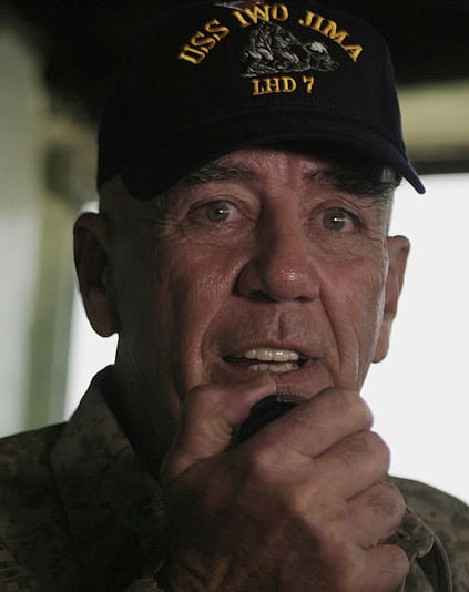 Ermey addresses Marines and Sailors aboard the amphibious assault ship USS Iwo Jima for a Morale, Welfare and Recreation event for deployed troops during the holiday season in 2008.
