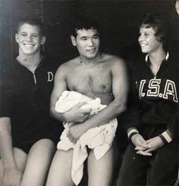 Donna de Varona, right, seated with fellow U.S. swimming gold medalist Dick Roth, and silver medalist Yoshihiko Yamanaka of Japan.