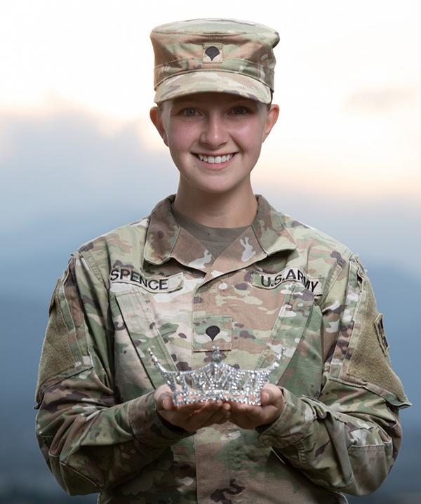 Spc. Maura Spence with her Miss Colorado Crown (U.S. Army photo by Spc. Matthew Marsilia)