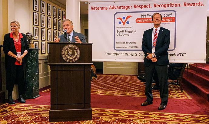 Medal of Honor Recipient, and Veterans Advantage Board member Paul W. Bucha addresses "Heroes Meet Heroes" about the importance of sports and military service